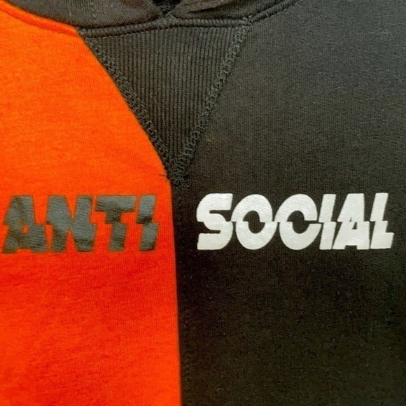 PRETTY LITTLE THING | “ANTI SOCIAL” Orange & Black Hooded Sweatshirt - Picture 5 of 7